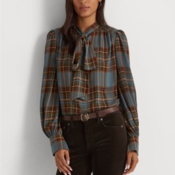 LAUREN RALPH LAUREN Plaid Tie-Neck Georgette Shirt Size Medium - Picture 1 of 6